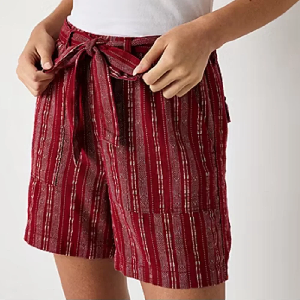 a.n.a Linen Blend Womens High Rise Pull-On Short Red Derby Stripe XXL NWT
